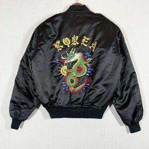 Vintage Korea Dragon Souvenir Sukajan Jacket Embroidered Satin Medium Bomber